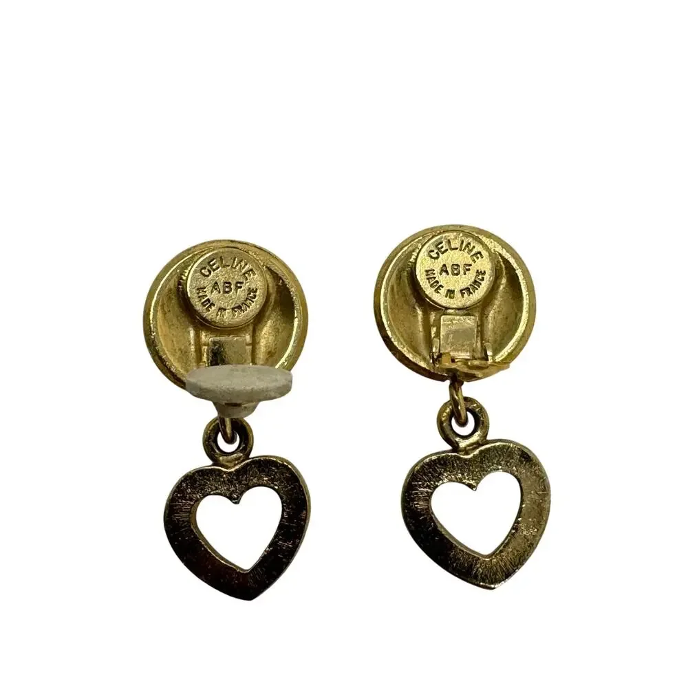 Celine Vintage Paris Heart Logo Clip-On Earrings 80’s Gold Tone Made in France